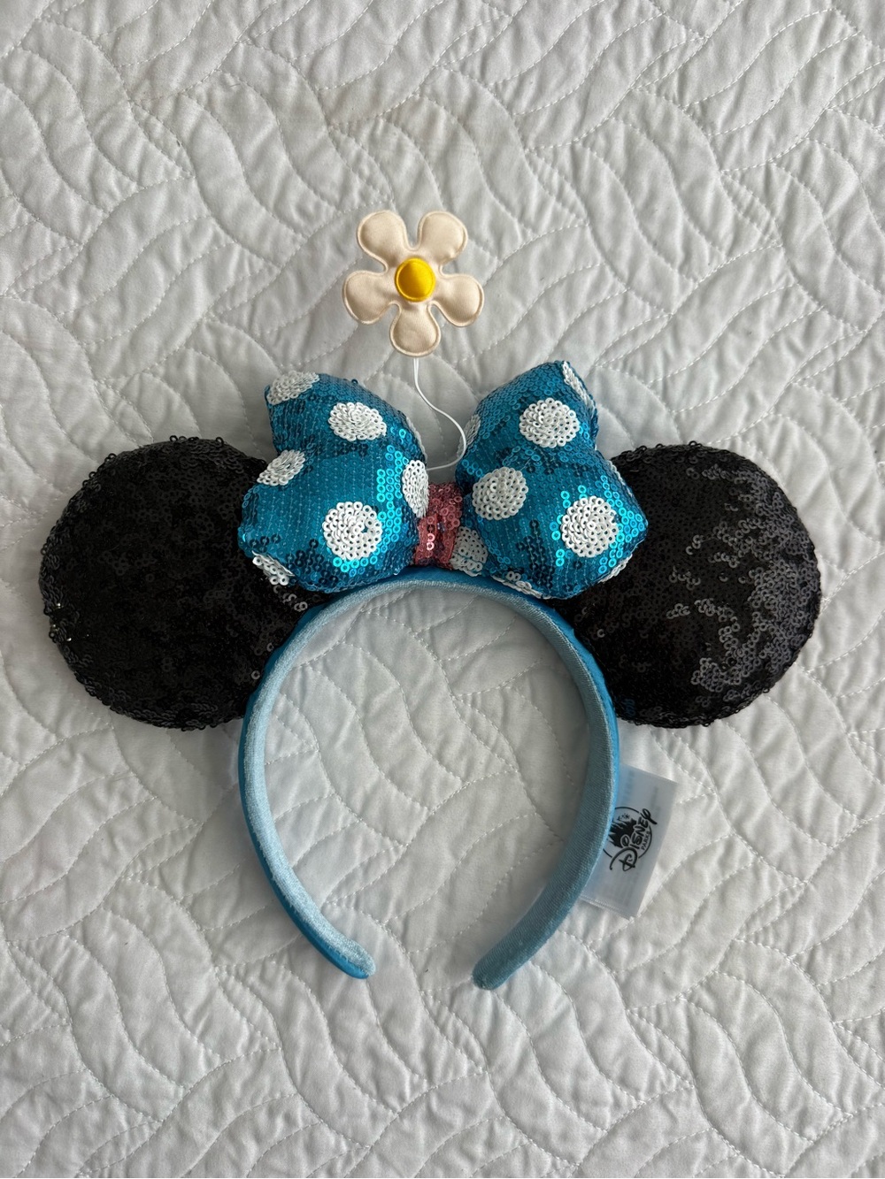 Disney Parks Daisy Duck Minnie Mouse Ears Headband Blue Sequin Polka Dot Bow